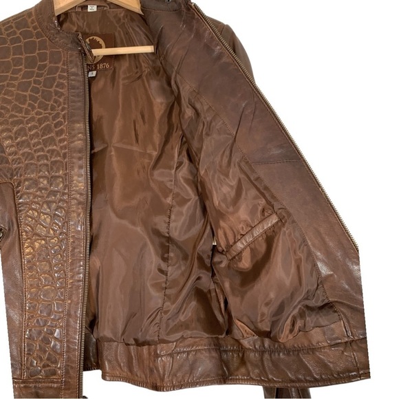 Burns 1876 Leather Embossed Zip Up Jacket Brown Size Small - Picture 10 of 11